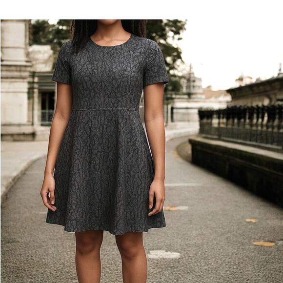 LOFT Jacquard Knit Dress Charcoal Black Size M Vintage Inspired Print - Picture 11 of 11